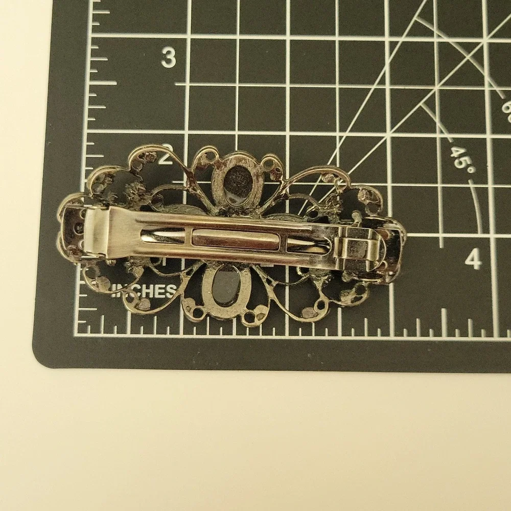 Vintage Style Black Rhinestone Antiqued Silver Filigree Brooch Pin 3.5in Gothic